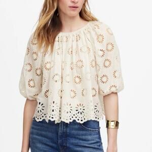 Madewell Embroidered Shirred Puff Sleeve Floral Eyelet Top Size Large NWT